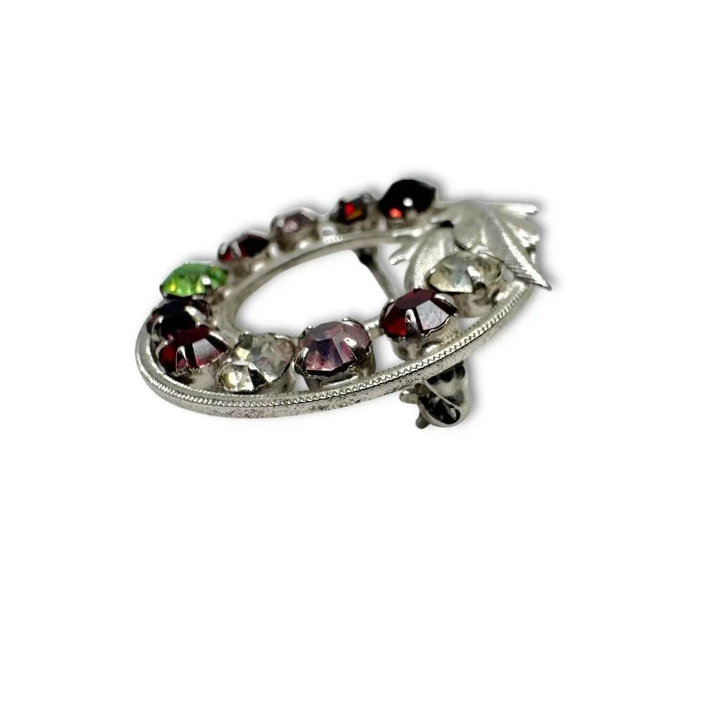 Vintage Curtis Designs Rhinestone Circle Brooch Multicolor Stones Silver-Tone